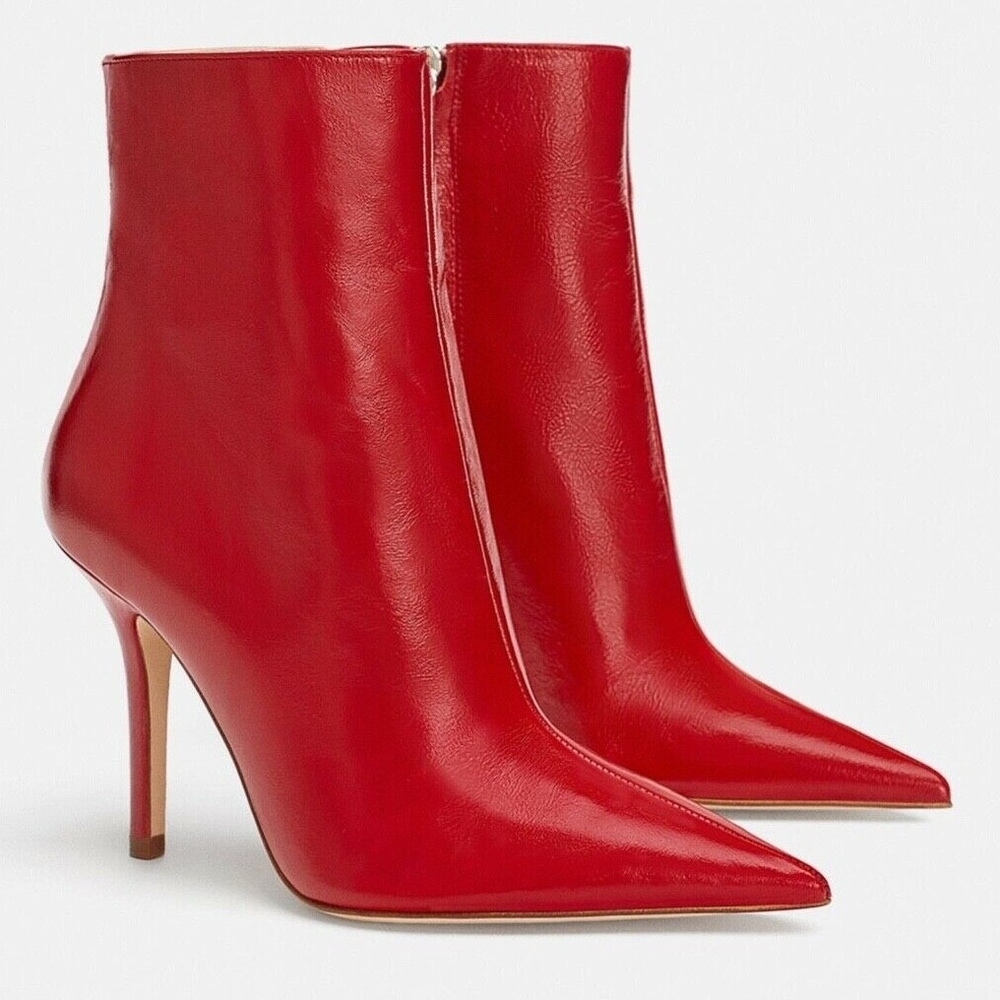 Zara Red Leather Stiletto Booties